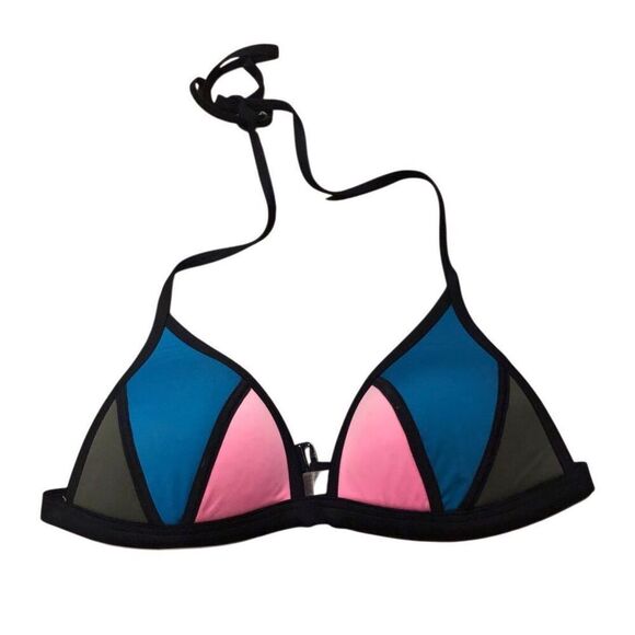 Victoria’s Secret PINK Blue Pink Colorblock Padded Triangle Bikini Top Large - Picture 1 of 8